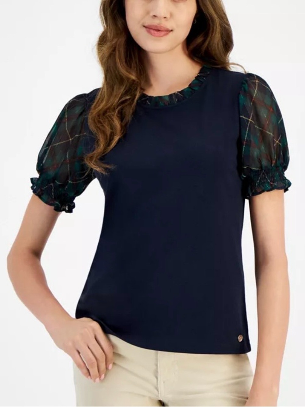 Tommy Hilfiger Mixed Media Plaid Puff Sleeve Top Navy Green Small